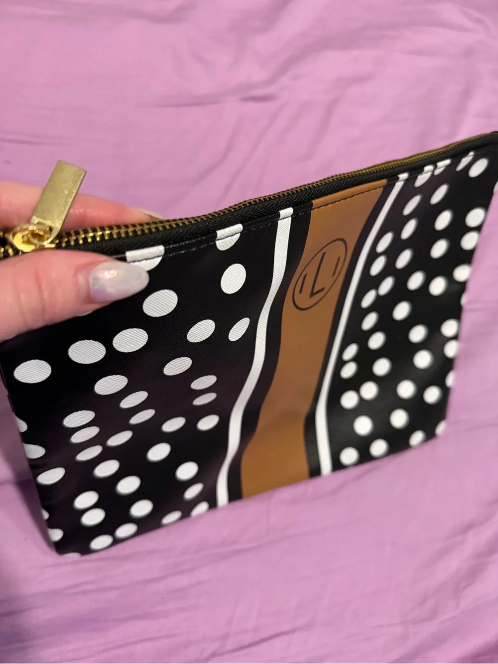 L Monogram Black & White Polka Dot Pouch with Brown Stripe